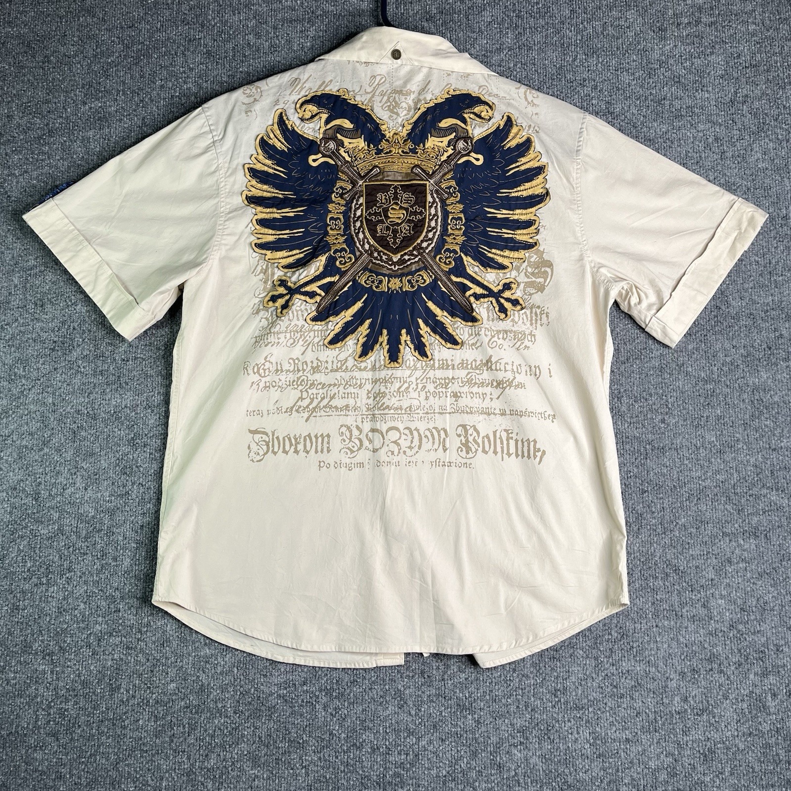 Y2k Born Sinners Button Up Shirt Men's L Embroidered Beige